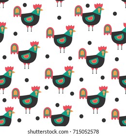 Seamless pattern with cute cartoon cocks. Vector background.