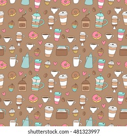 seamless pattern with cute cartoon coffee icons - paper cup, mug, donut, cupcake, latte, cappuccino, espresso, beans