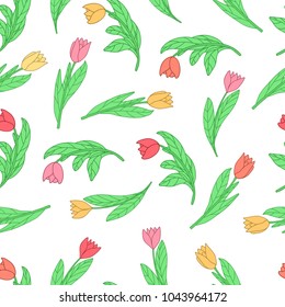 Seamless pattern with cute cartoon colored flowers, tulips on white background. Good for pattern fills, surface design, textile, fabric, manufacturing, wrapping paper, backdrops, wallpapers and covers