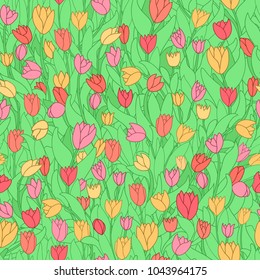 Seamless pattern with cute cartoon colored flowers, tulips. Good for pattern fills, surface design, textile, fabric, manufacturing, wrapping paper, backdrops, wallpapers and covers. Vector