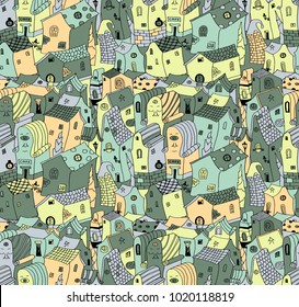 Seamless pattern with cute cartoon colorful houses, old Europe