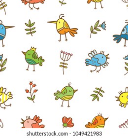 Seamless pattern with cute cartoon colorful birds on white  background. Flowers and plants. Spring time. Vector contour image. Doodle style. 