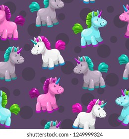 Seamless pattern with cute cartoon colorful unicorn toys. Vector childish texture.