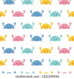 Seamless pattern with cute cartoon colorful crabs on white background. Kawaii animal