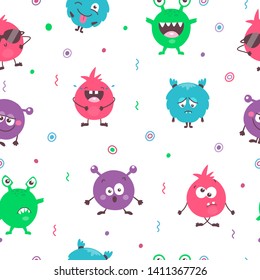 Seamless pattern of cute cartoon colorful monsters with different emotions. Funny emoticons emojis collection for kids. Fantasy characters. Vector illustrations, cartoon flat style. 