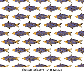 Seamless pattern of cute cartoon colorful fish. Hand-drawn scribbles sea animals. Kids background. For fabric, baby clothes, background, textile, wrapping paper and other decoration. Doodles 
