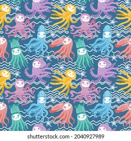 Seamless pattern with cute, cartoon colorful starfish, squid and octopus. Vector children's pattern for fabric, packaging, stationery.