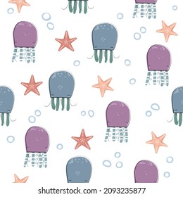 Seamless pattern with cute cartoon colorful jellyfish with sea stars and bubbles under water. Ocean vector background for decor, fabric, scrapbooking, textile and much more.
