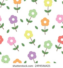 Seamless pattern with cute cartoon colorful flowers, for fabric prints, textiles, gift wrapping paper. children's colorful vector, flat style