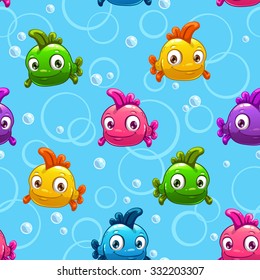 seamless pattern with cute cartoon colorful fishes, vector endless underwater background