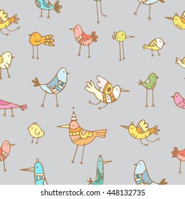 Seamless pattern with cute cartoon colorful birds on gray  background. Vector contour image. Doodle style. 
