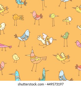Seamless pattern with cute cartoon colorful birds on orange background. Vector contour image. Doodle style. 