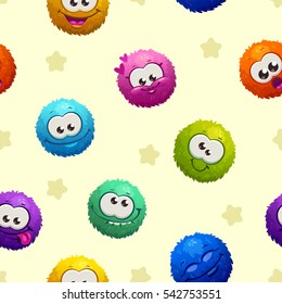 Seamless pattern with cute cartoon colorful fluffy round characters. Vector childish texture.