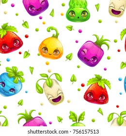Seamless pattern with cute cartoon colorful bright plant characters on white background. Vector childish texture.
