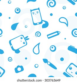 Seamless pattern with cute cartoon computer icons.