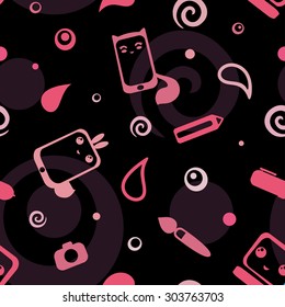 Seamless pattern with cute cartoon computer icons.