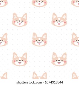 Seamless Pattern of Cute Cartoon Corgi Dog Face on White Background with Dots