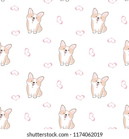 Seamless Pattern of Cute Cartoon Corgi Dog and Pink Heart Design on White Background