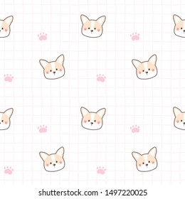 Seamless Pattern of Cute Cartoon Corgi Face and Paw Design on White Background with Pink Lines