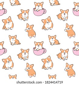 Seamless Pattern with Cute Cartoon Corgi Dog Illustration Design on White Background