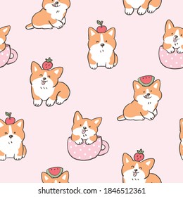 Seamless Pattern with Cute Cartoon Corgi Dog Design on Pink Background