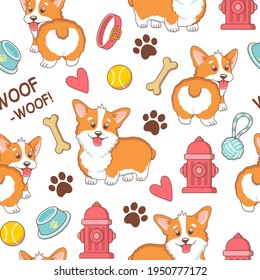 Seamless pattern with cute cartoon corgi dogs and accessories.Vector illustration.