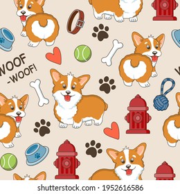 Seamless pattern with cute cartoon corgi dogs and accessories.Vector illustration.