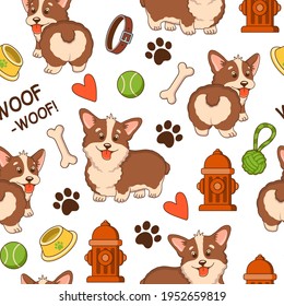 Seamless pattern with cute cartoon corgi dogs and accessories.Vector illustration.