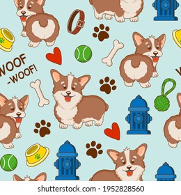 Seamless pattern with cute cartoon corgi dogs and accessories.Vector illustration.