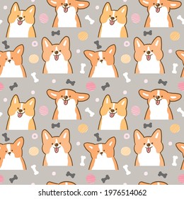 Seamless Pattern of Cute Cartoon Corgi Dog Design on Grey Background