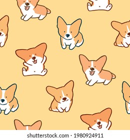 Seamless Pattern of Cute Cartoon Corgi Dog Design on Yellow Background