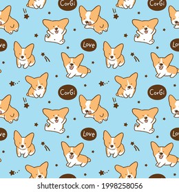 Seamless Pattern with Cute Cartoon Corgi Dog and Star Design on Blue Background