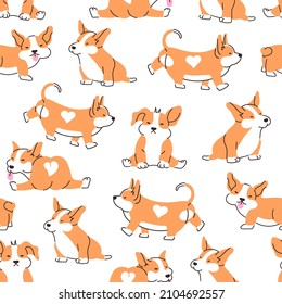 Seamless pattern with cute cartoon corgi dog. Animal repeating background. Hand drawn design for fabric. Vector illustration