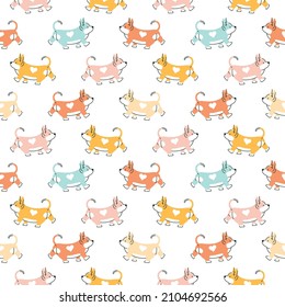 Seamless pattern with cute cartoon corgi dog. Animal repeating background. Hand drawn design for fabric. Vector illustration