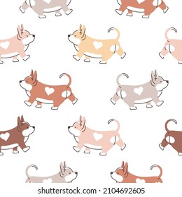 Seamless pattern with cute cartoon corgi dog. Animal repeating background. Hand drawn design for fabric. Vector illustration