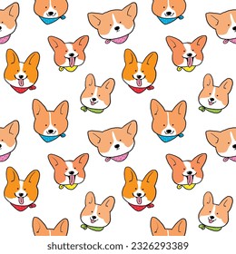 Seamless Pattern of Cute Cartoon Corgi Dog Face Design on White Background