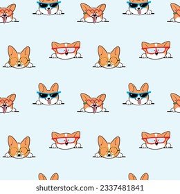 Seamless Pattern of Cute Cartoon Corgi Dog Face with Glasses Design on Light Blue Background