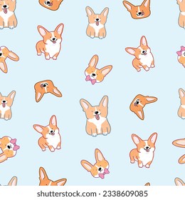 Seamless Pattern of Cute Cartoon Corgi Dog Design on Light Blue Background