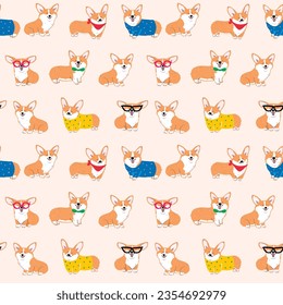 Nahtloses Muster mit Cute Cartoon Corgi Hund Design auf hellbeigem Hintergrund