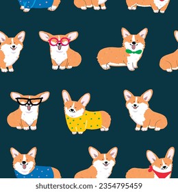 Seamless Pattern with Cute Cartoon Corgi Dog Design on Dark Blue Background