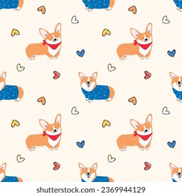 Seamless Pattern of Cute Cartoon Corgi Dog and Heart Design on Light Yellow Background