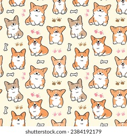 Nahtlose Muster eines Cute Cartoon Corgi-Designs auf hellgelbem Hintergrund