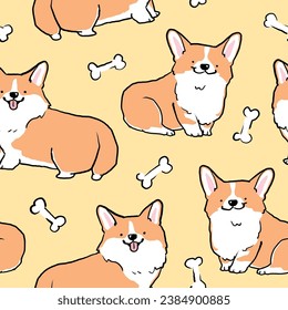 Patrón sin foco con caricatura suave diseño de perro corgi de fondo amarillo