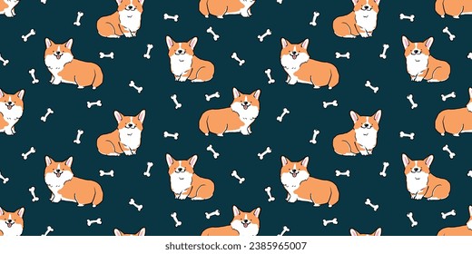Seamless Pattern of Cute Cartoon Corgi Dog Design on Dark Blue Background