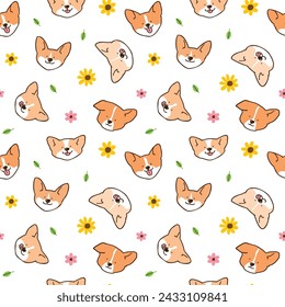 Seamless Pattern with Cute Cartoon Corgi Dog Face, Flower and Leaf Design on White Background