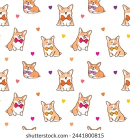 Seamless Pattern of Cute Cartoon Corgi Dog and Heart Design on White Background