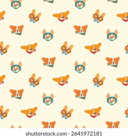 Padrão sem emenda do desenho animado do rosto do cachorro de corgi do desenho animado no fundo amarelo claro. Ilustração de vetor desenhada à mão. Não gerado IA.