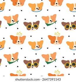 Padrão contínuo com desenho animado Corgi Dog Face Design no fundo branco. Ilustração de vetor desenhada à mão. Não gerado IA.