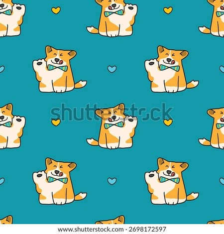 Seamless Pattern of Cute Cartoon Corgi Dog and Heart Design on Dark Blue Green Background. Hand Drawn Vector Illustration. Not AI Generated.