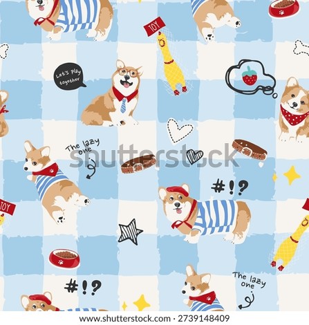 seamless pattern of cute cartoon corgi dog illustration on check background vector illustration